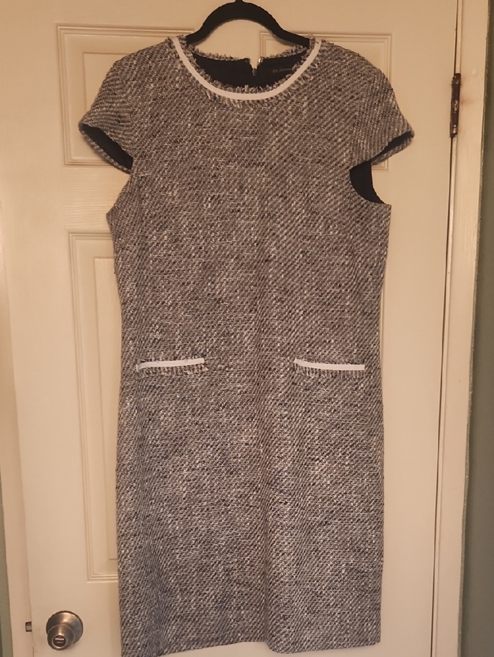 St. John Gray and White Tweed Midi Sheath Dress